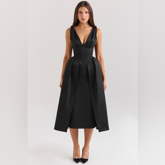 House of CB Paloma Black Satin Twist Strap Midi Dress - Picture 2 of 9